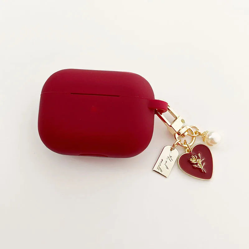 Roses Pearl Keychain and Red Silicone Earphone Case For Apple Airpods 1 2 Pro 3