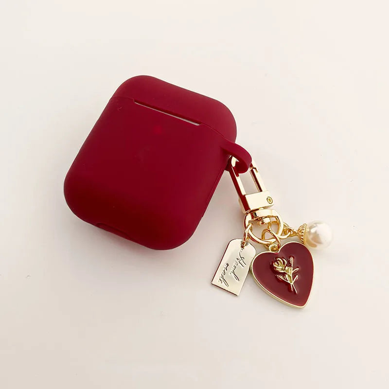 Roses Pearl Keychain and Red Silicone Earphone Case For Apple Airpods 1 2 Pro 3