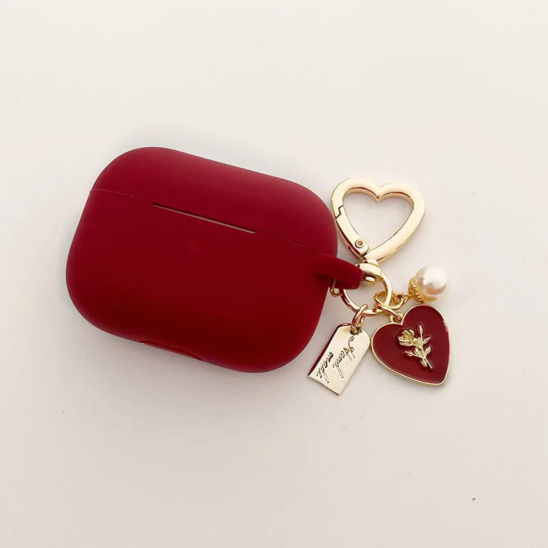 Roses Pearl Keychain and Red Silicone Earphone Case For Apple Airpods 1 2 Pro 3