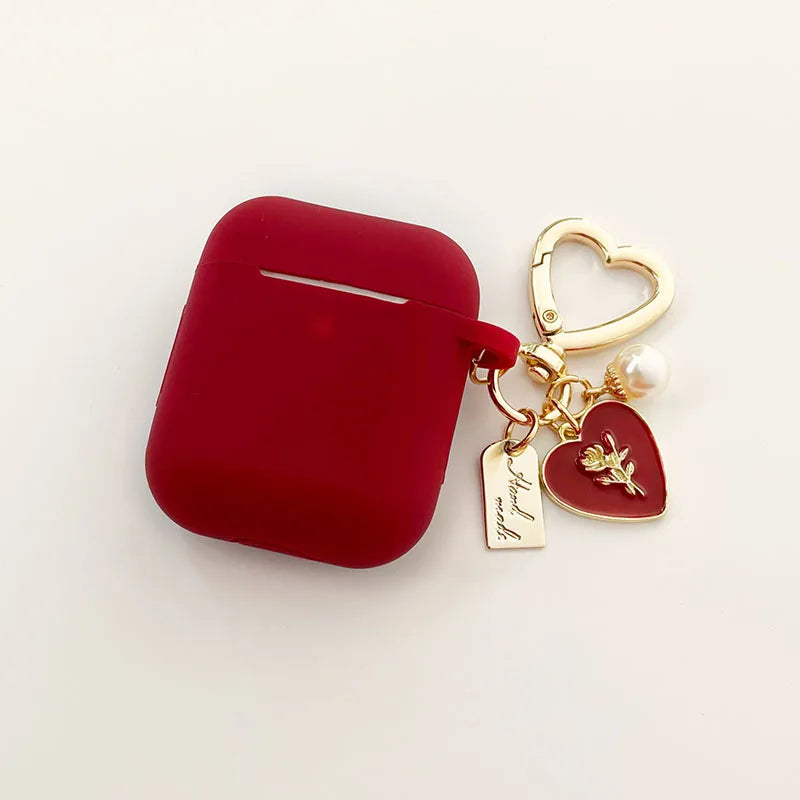 Roses Pearl Keychain and Red Silicone Earphone Case For Apple Airpods 1 2 Pro 3