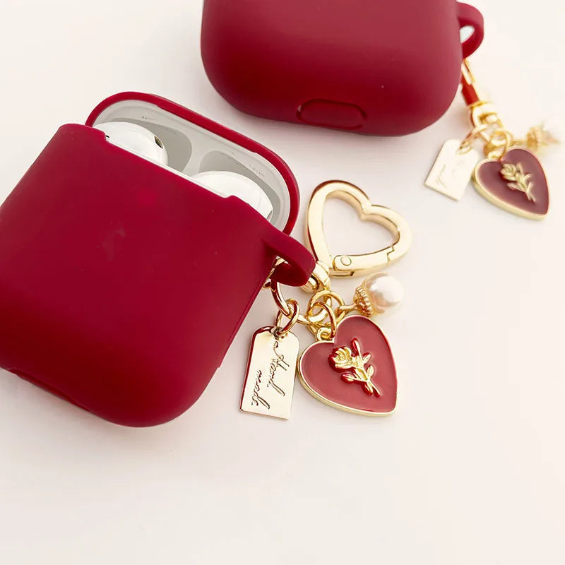 Roses Pearl Keychain and Red Silicone Earphone Case For Apple Airpods 1 2 Pro 3