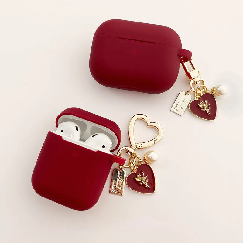 Roses Pearl Keychain and Red Silicone Earphone Case For Apple Airpods 1 2 Pro 3