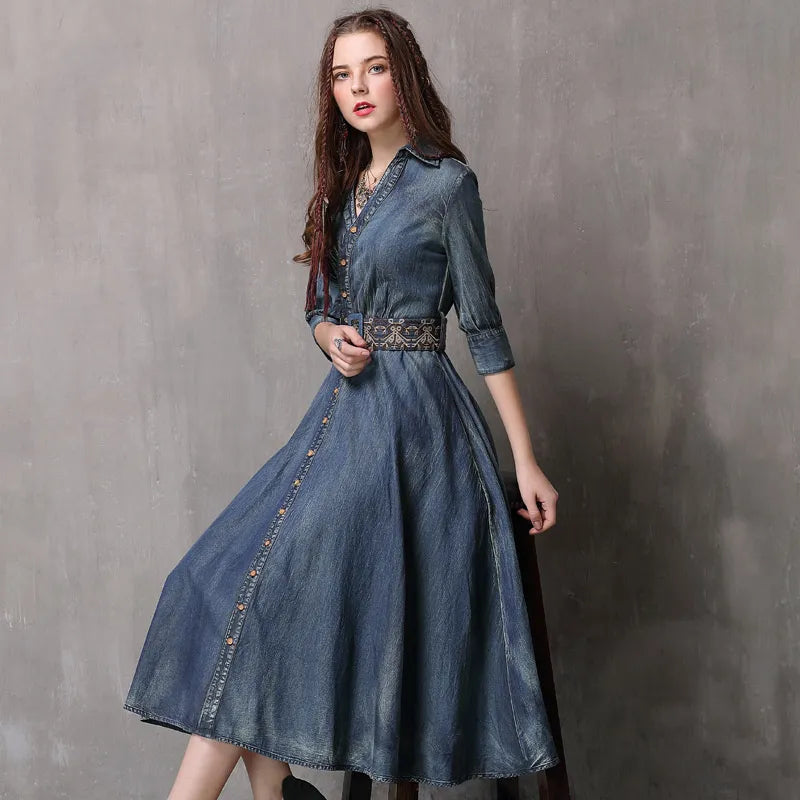 Retro Long Denim Dress