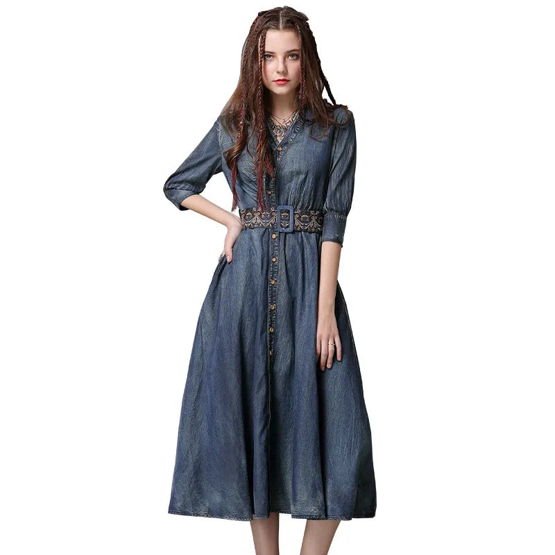 Retro Long Denim Dress