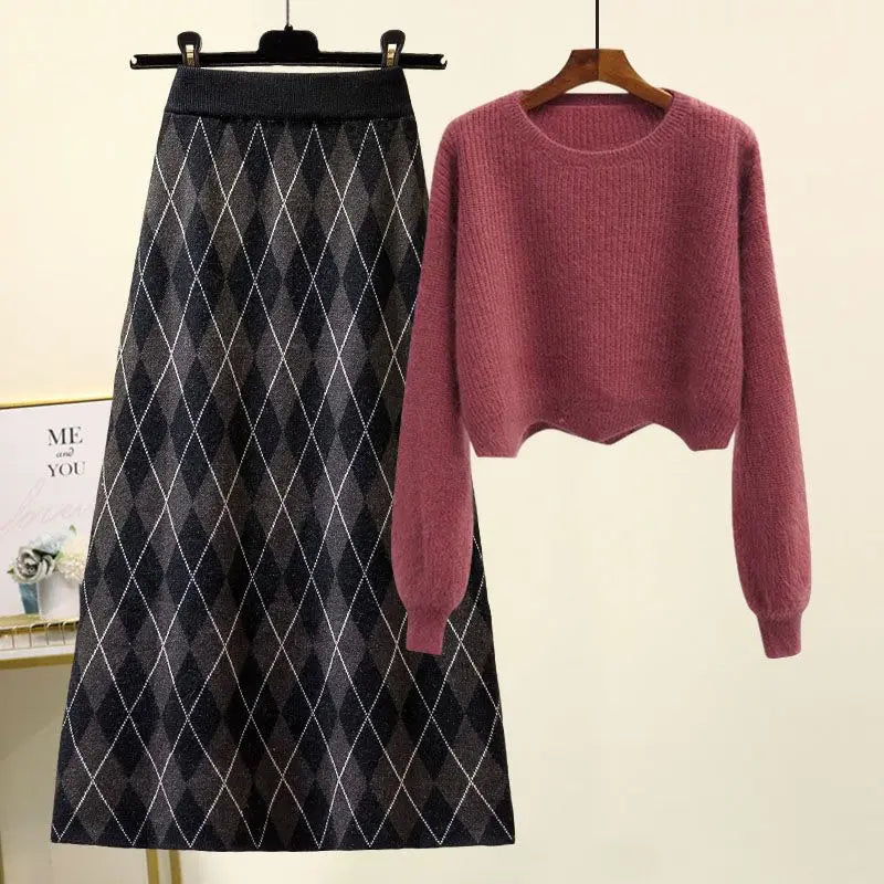 Knitted Sweater Half Skirt Two Piece Set