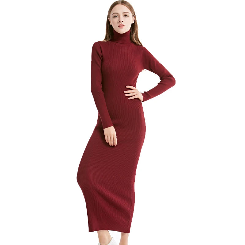 Knit Style Turtleneck Winter Maxi Dresss