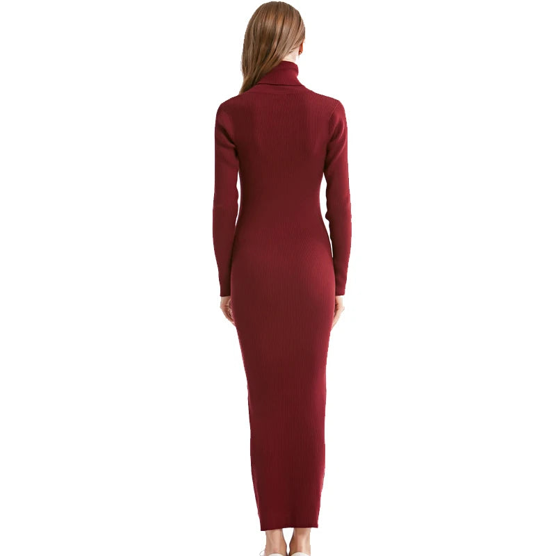 Knit Style Turtleneck Winter Maxi Dresss