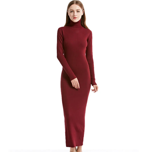 Knit Style Turtleneck Winter Maxi Dresss