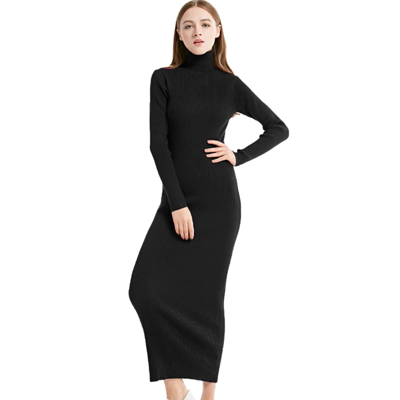 Knit Style Turtleneck Winter Maxi Dresss