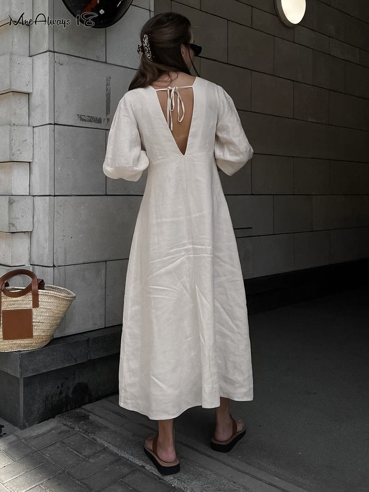 Linen Puff Sleeve Dress