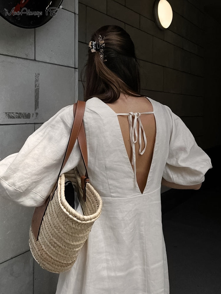 Linen Puff Sleeve Dress