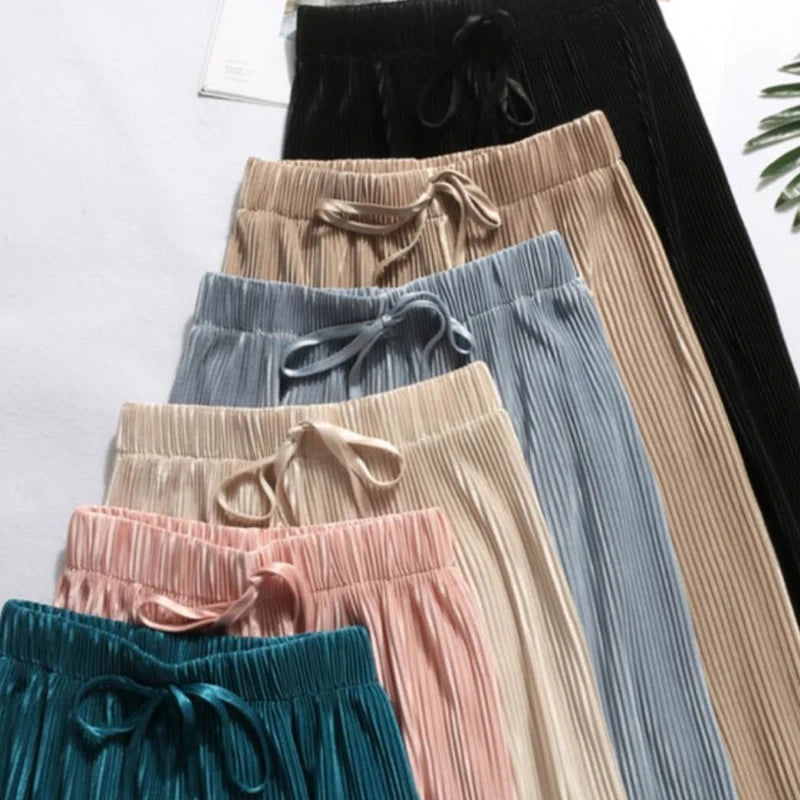 Ice Silk Pleated Wide-Leg Trousers