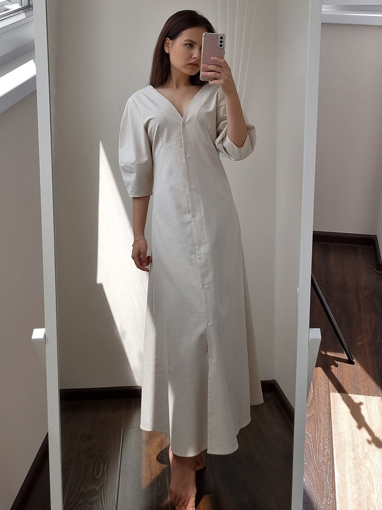 Linen Puff Sleeve Dress