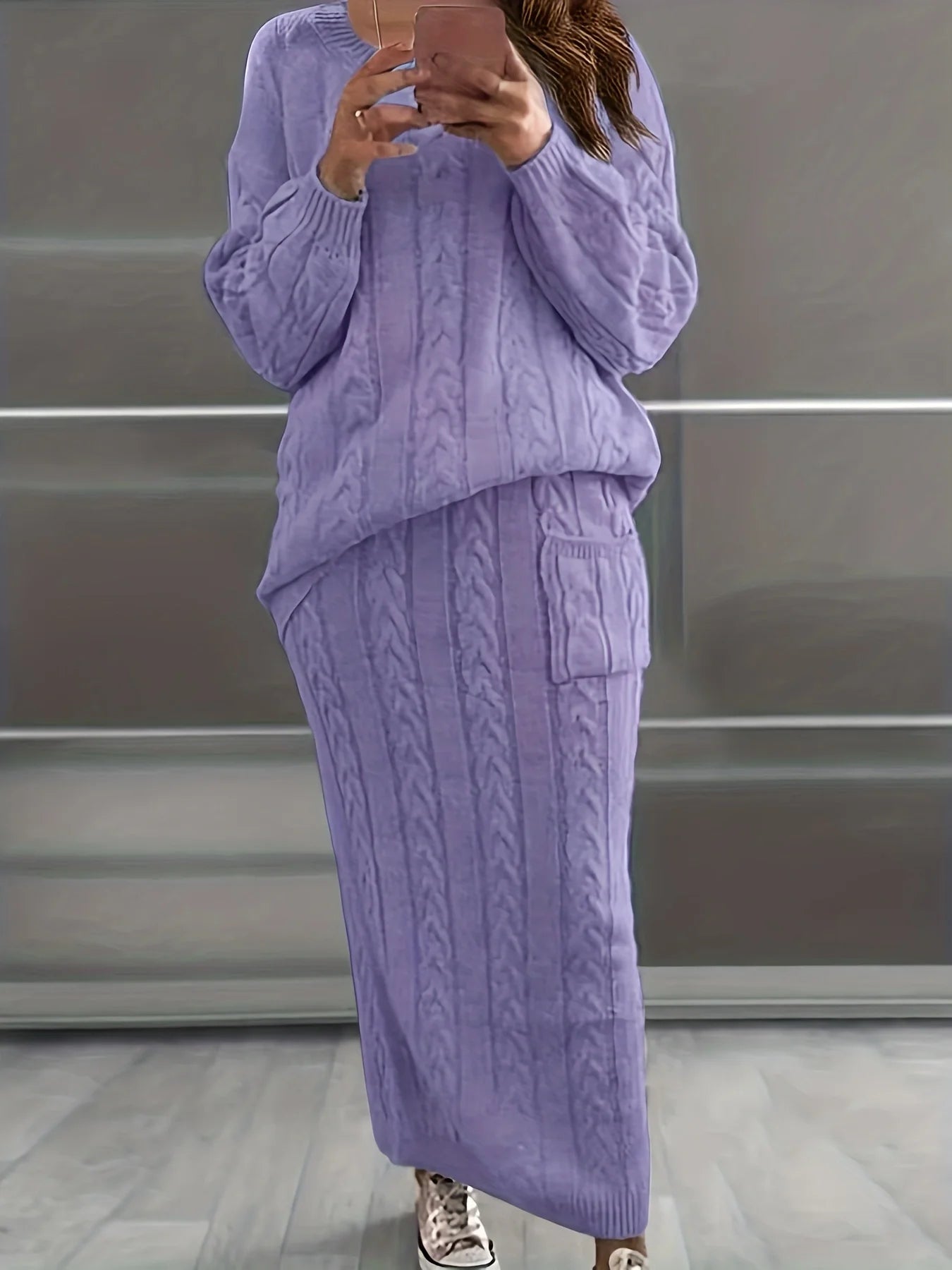 Knitted Long Sleeve Sweater and Skirt
