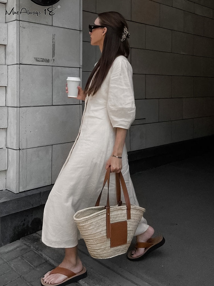 Linen Puff Sleeve Dress