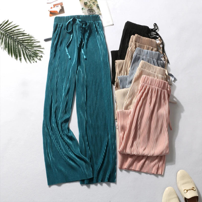 Ice Silk Pleated Wide-Leg Trousers