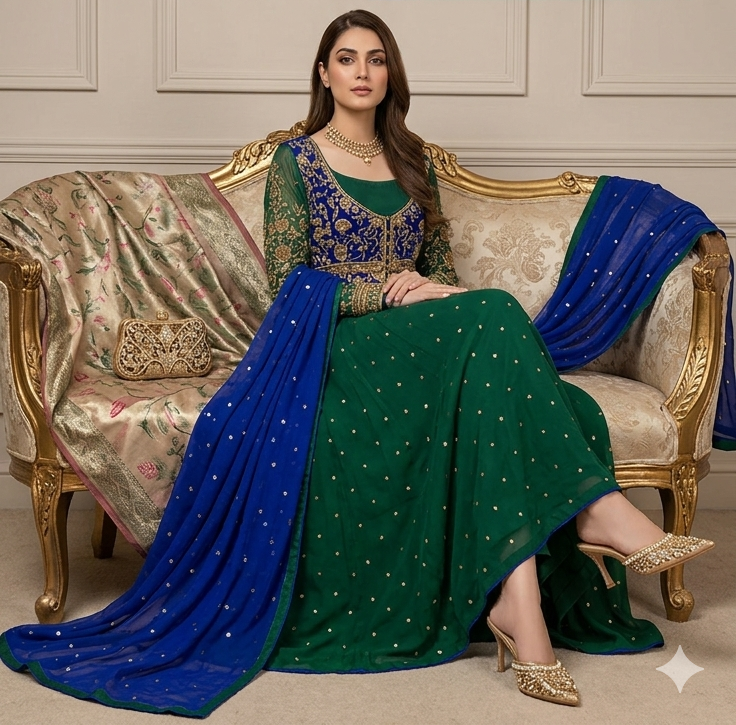 Zarish Émeraude Lehenga Set – Handcrafted Chiffon