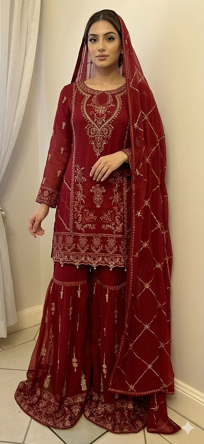 Mehira Maroon Gharara Set Handcrafted Chiffon