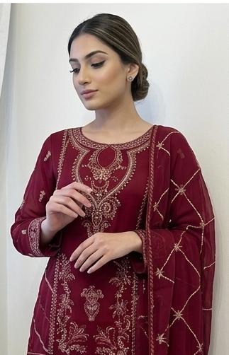 Mehira Maroon Gharara Set Handcrafted Chiffon