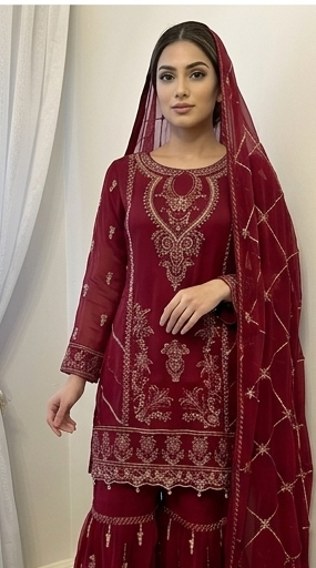 Mehira Maroon Gharara Set Handcrafted Chiffon