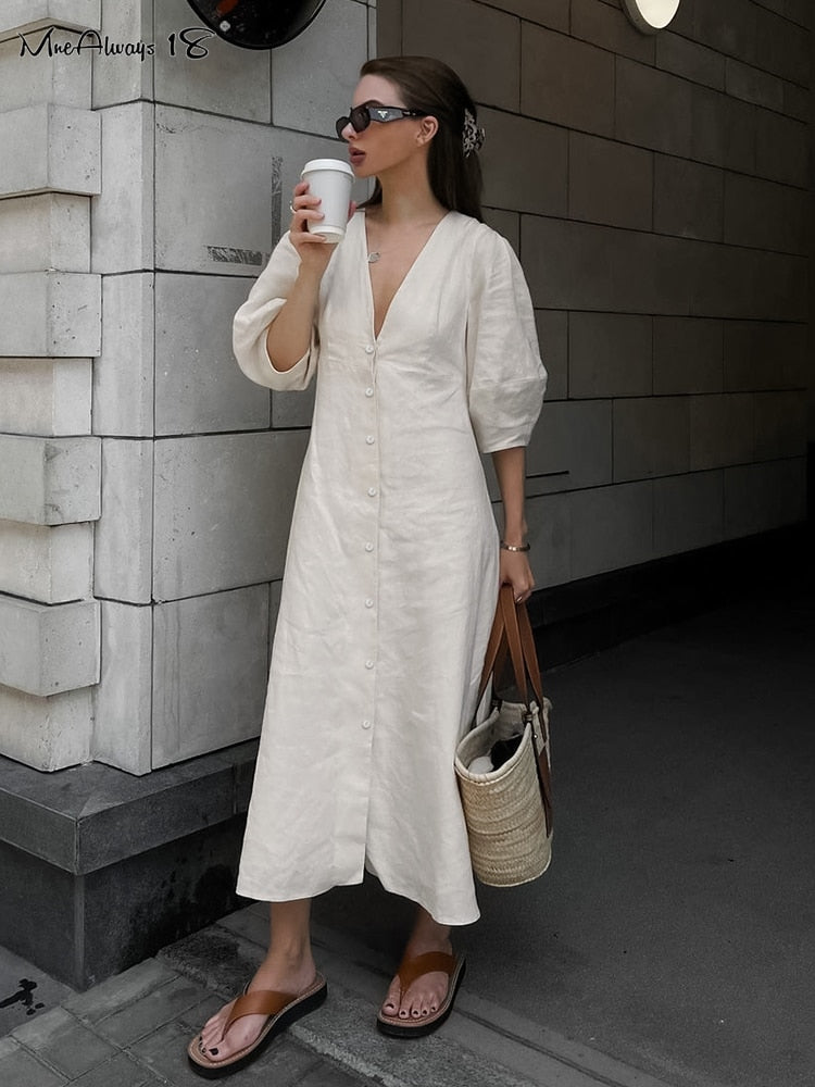 Linen Puff Sleeve Dress